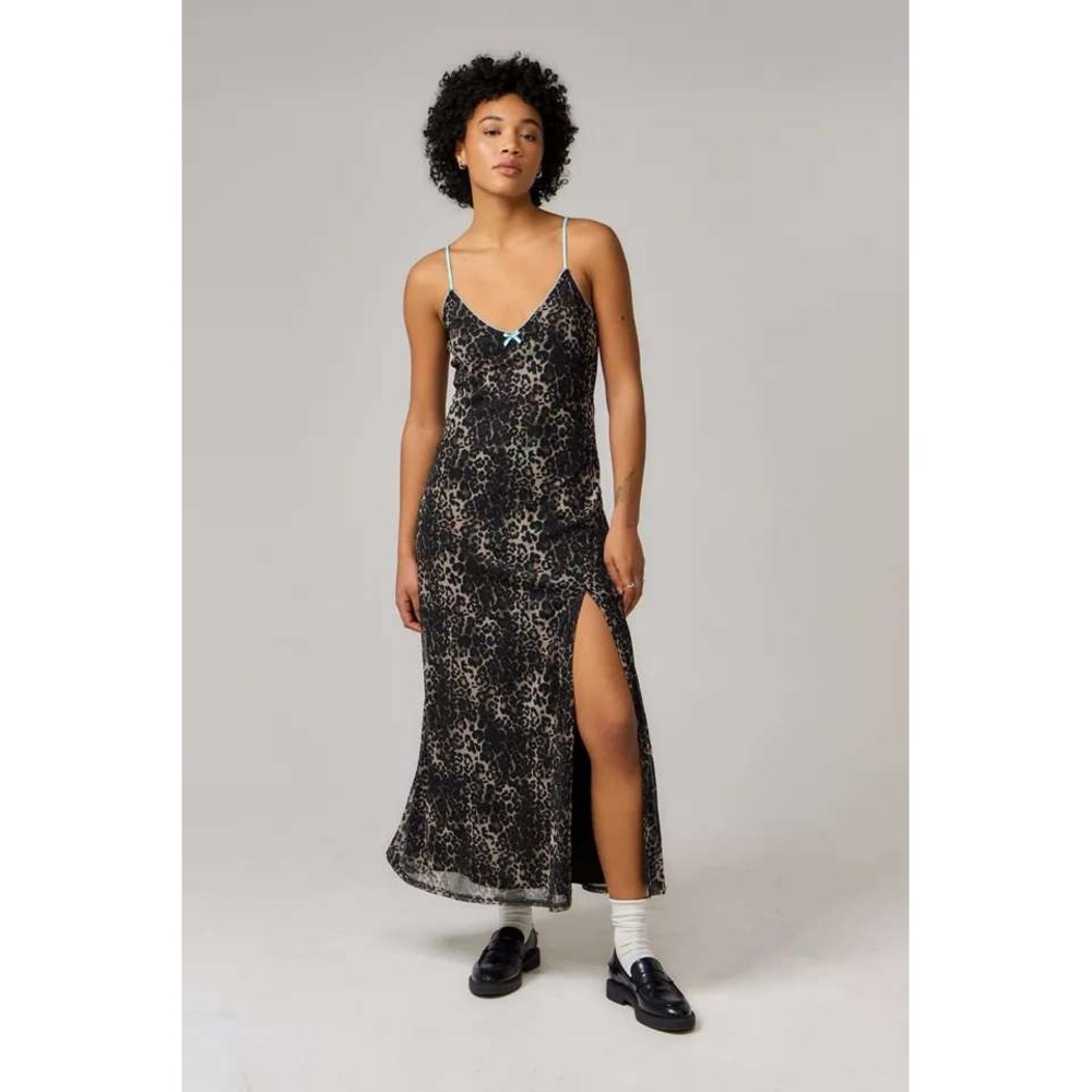 Urban Outfitters Women's Leopard Print Mesh Maxi Slip Dress Brown XS Y2K